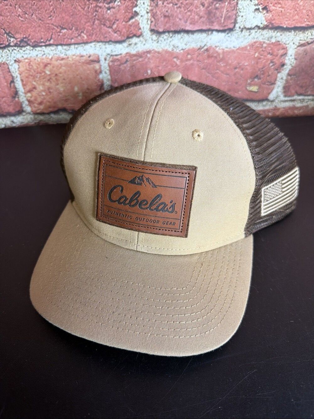Cabela's Snapback Mesh Back Trucker Hat Brown One Size Leather Patch